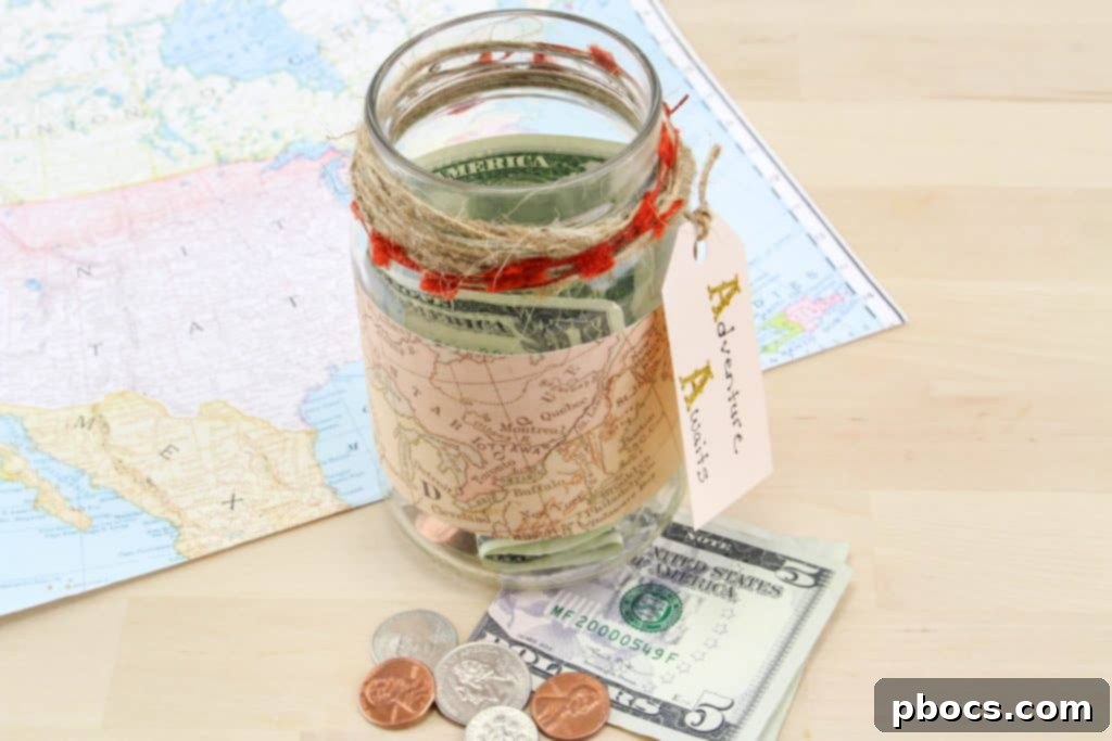 Hands putting coins into a Travel Fund Mason Jar
