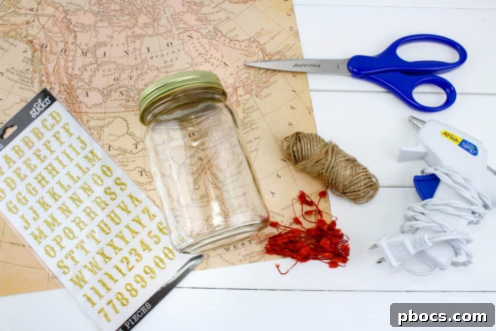 Craft supplies for making a Travel Fund Mason Jar