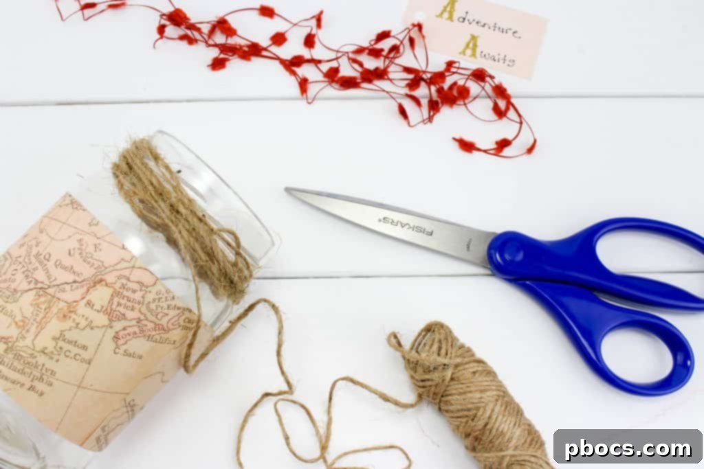 Tying twine around the neck of the jar