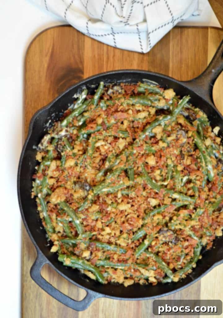 Baked Keto Green Bean Casserole glistening and bubbly