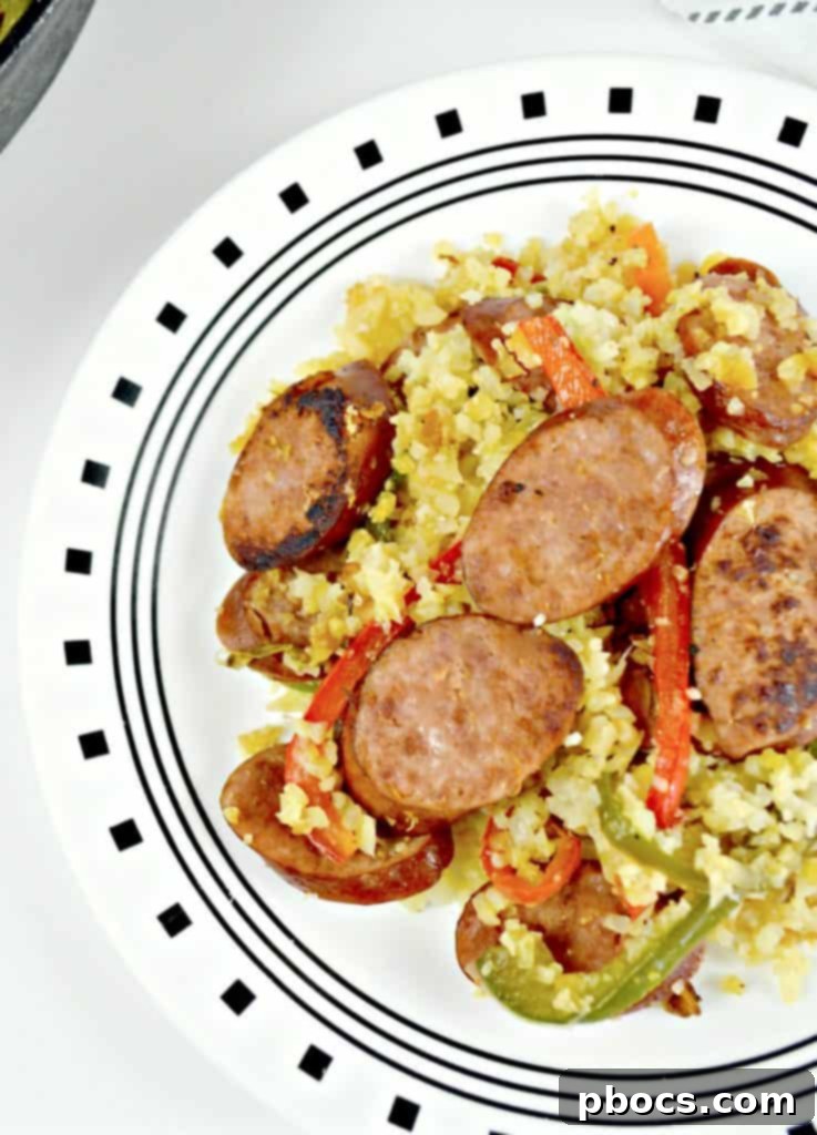 Close-up of Kielbasa Sausage and Cauliflower Rice Skillet - Perfect Low Carb Weeknight Meal