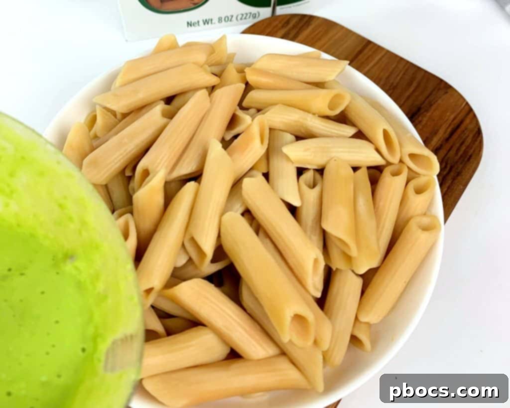 Emerald Pesto Pasta Bowl 5 Another view of the finished pea pesto pasta bowl, ready to be enjoyed.