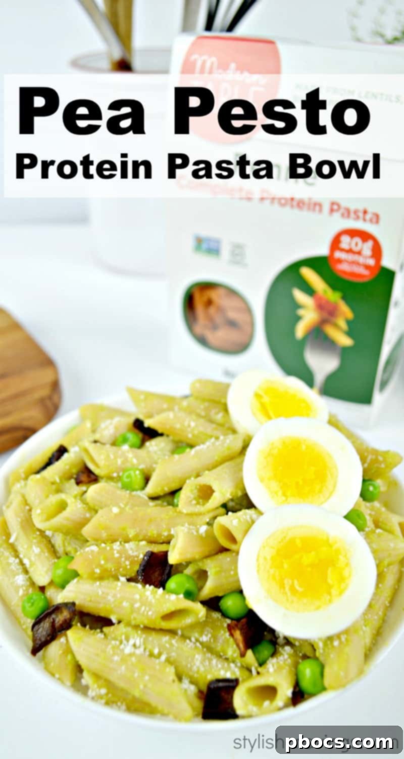 Emerald Pesto Pasta Bowl 6 Pin for later: Protein Pasta Bowl with Pea Pesto recipe image for Pinterest.