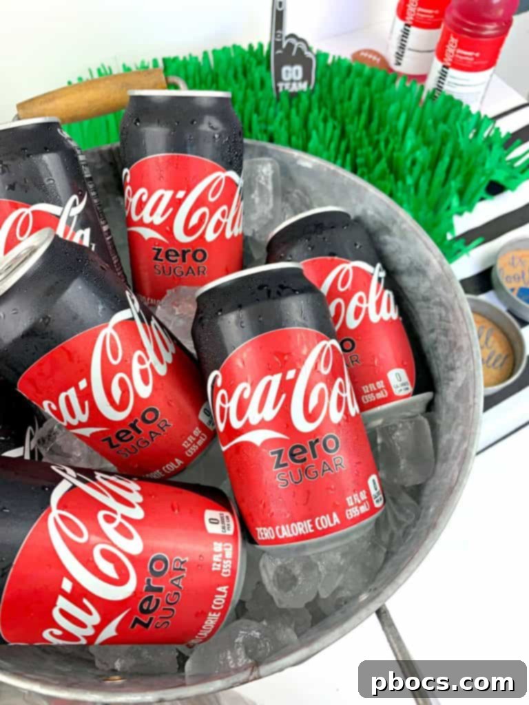 Game day drinks station with Coca-Cola beverages in an ice bucket