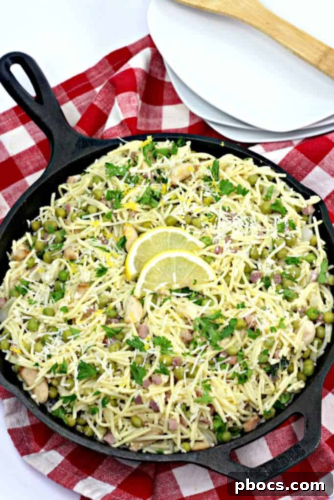 Quick Pancetta and Sweet Pea Pasta 3 Close-up of Easy Pancetta Pea Pasta with vibrant peas and crispy pancetta