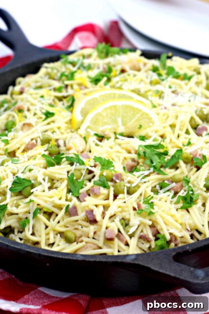 Quick Pancetta and Sweet Pea Pasta 4 A bowl of fresh Easy Pancetta Pea Pasta ready to be served