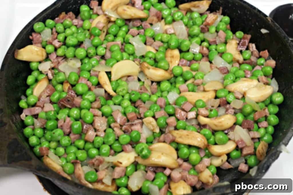 Quick Pancetta and Sweet Pea Pasta 9 Sautéing shallots and peas for Pancetta Pea Pasta