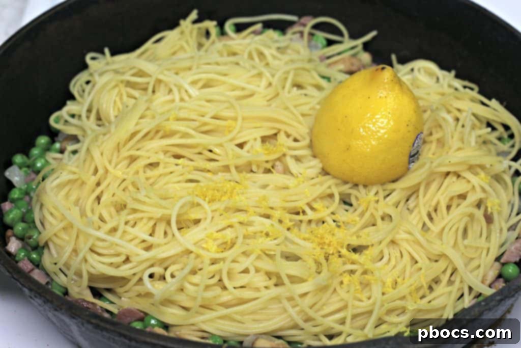 Quick Pancetta and Sweet Pea Pasta 10 Combining cooked pasta with the pea and pancetta mixture