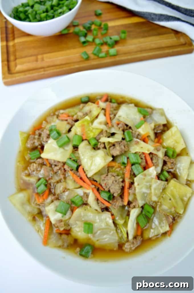 Keto Egg Roll Soup simmering in a pot