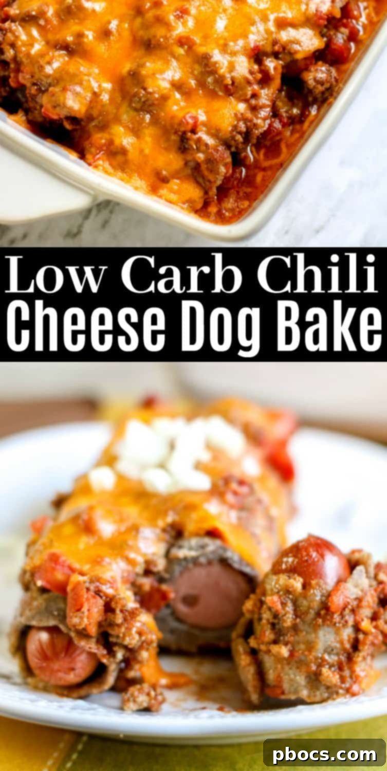 Low Carb Chili Cheese Dog Bake banner image for Pinterest, showing the full dish.