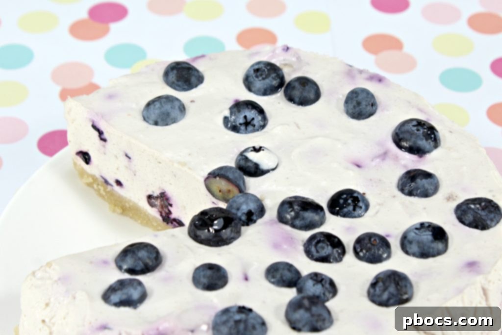 Close-up of a slice of No Bake Keto Blueberry Cheesecake with berries.