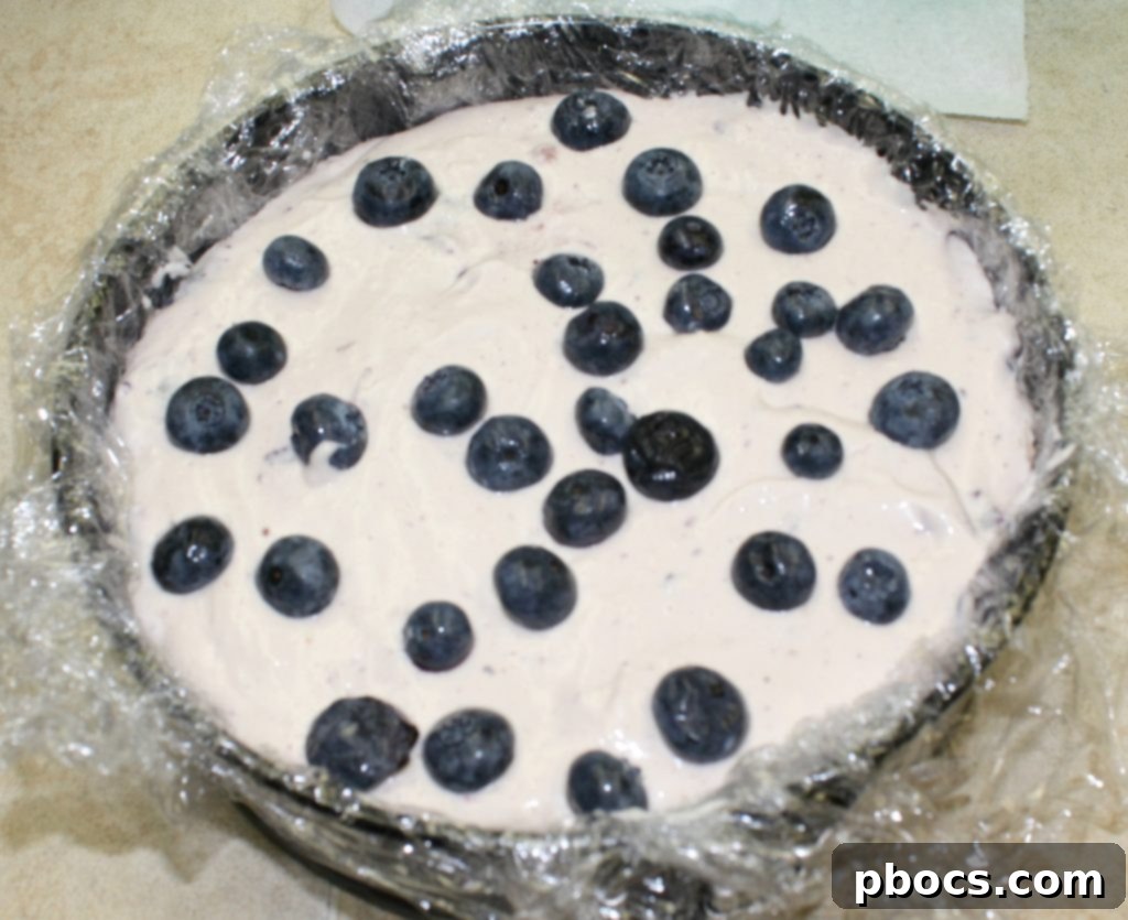 Adding blueberries to keto cheesecake filling and chilling.