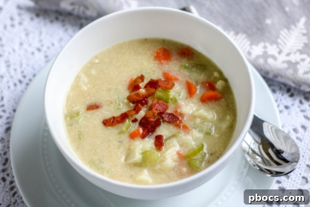 Creamy Keto Bacon Cauliflower Chowder 4 Close-up of Low Carb Bacon Cauliflower Chowder with fresh ingredients