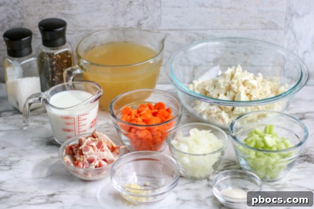 Creamy Keto Bacon Cauliflower Chowder 5 Ingredients laid out for Low Carb Bacon Cauliflower Chowder