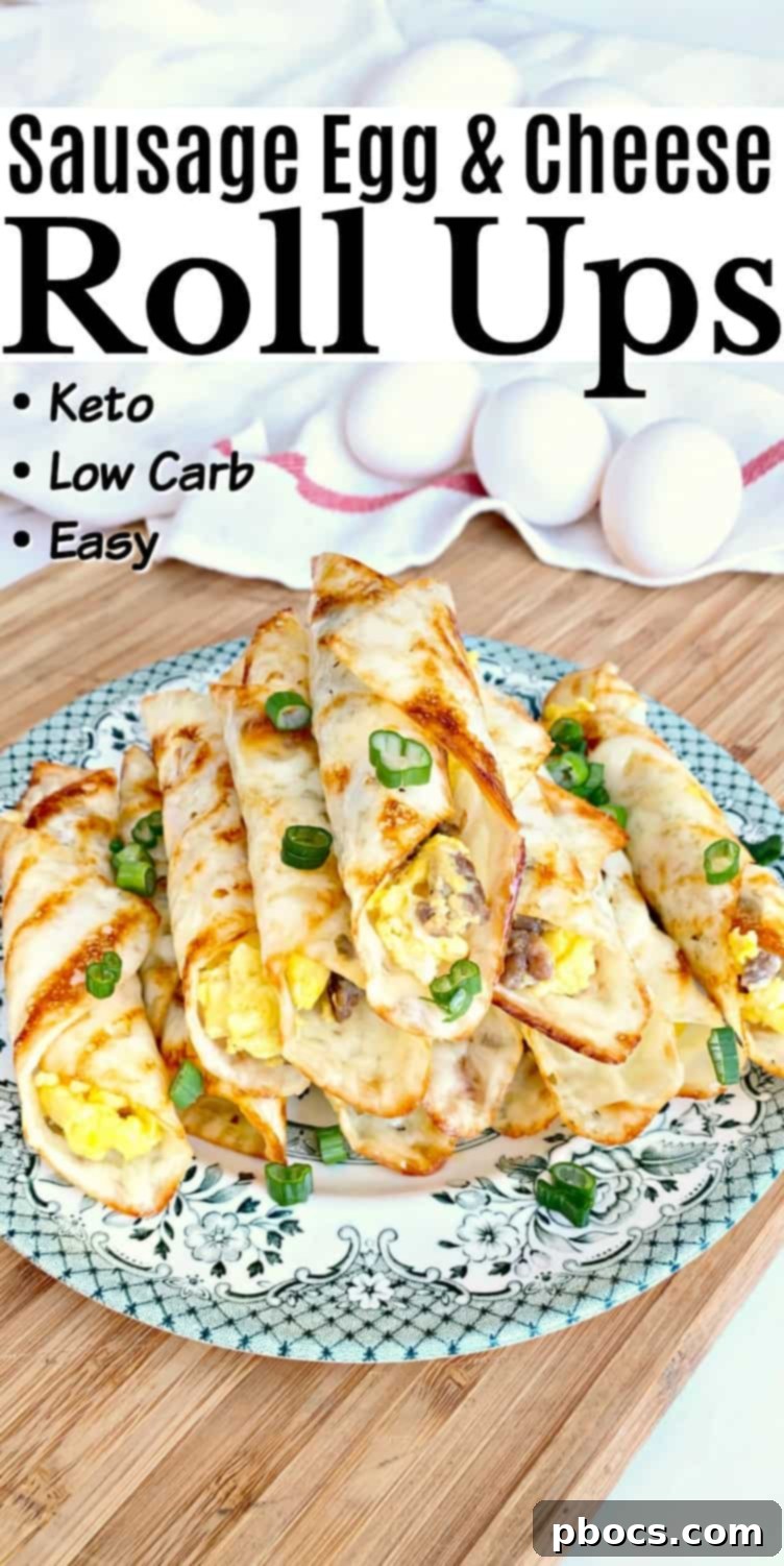 Savory Keto Breakfast Pinwheels 6 Large Pinterest graphic for Keto Breakfast Roll Ups with text and hashtags