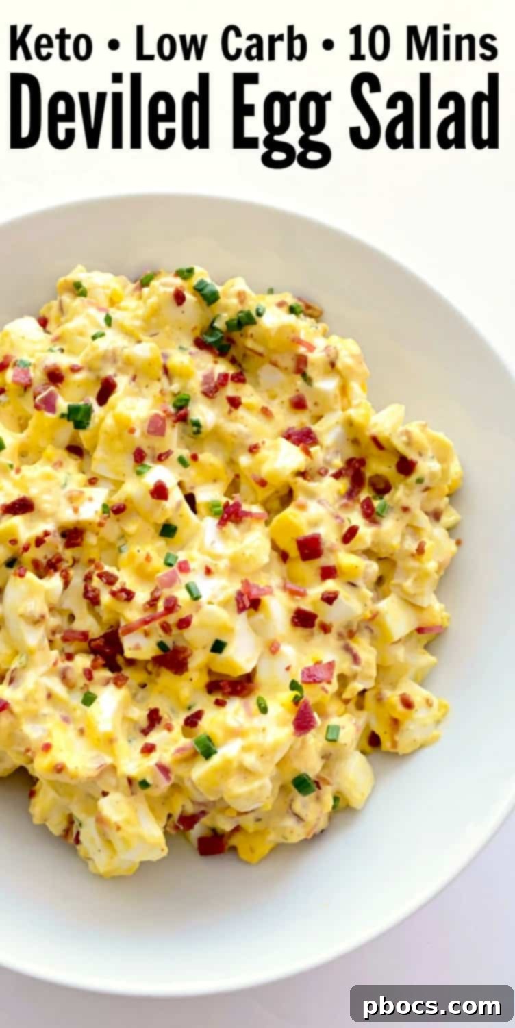 Keto Deviled Egg Salad #keto #ketorecipes #ketodiet #ketoeggsalad #deviledeggs #deviledeggsalad #ketodeviledeggsalad - A Pinterest pin image for the recipe.