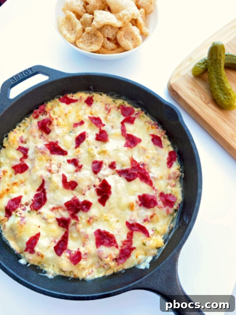 Delicious Keto Reuben Dip served hot in a skillet