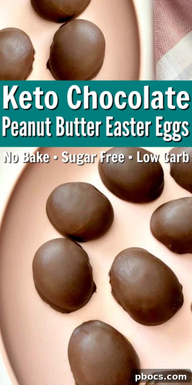 Guilt-Free Keto Chocolate Easter Eggs 8 Keto Chocolate Easter Eggs recipe card with finished treats and ingredients.