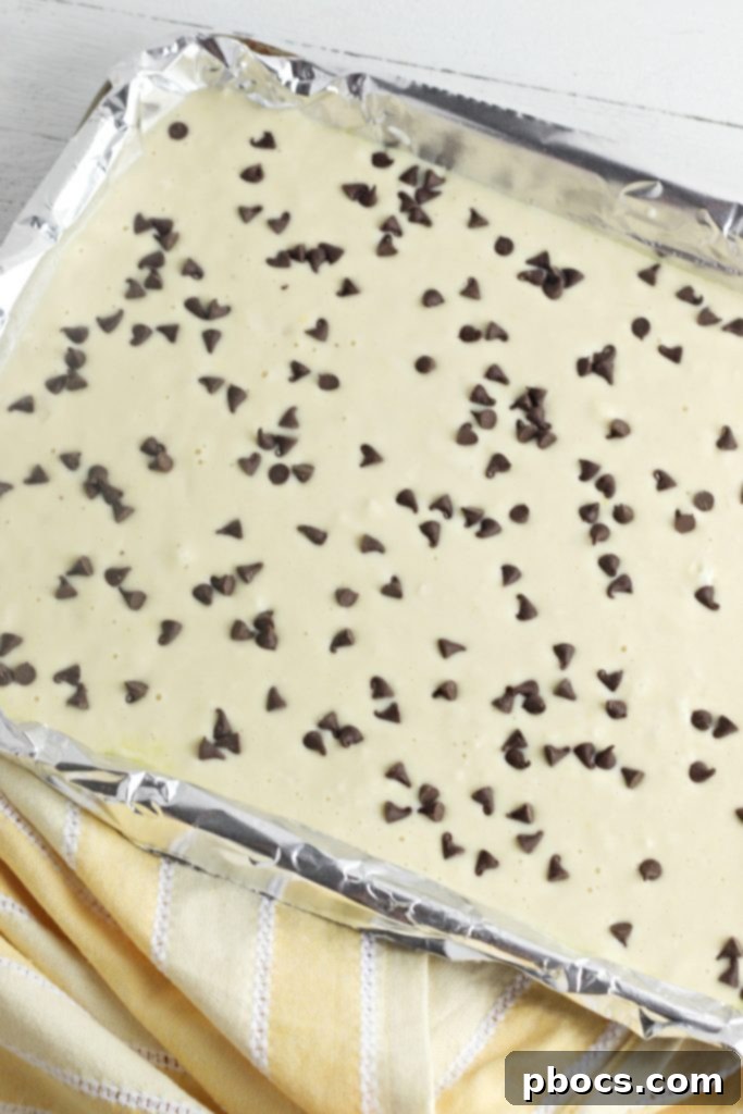 Keto pancake batter covered with sugar-free chocolate chips on a baking sheet, ready for the oven.