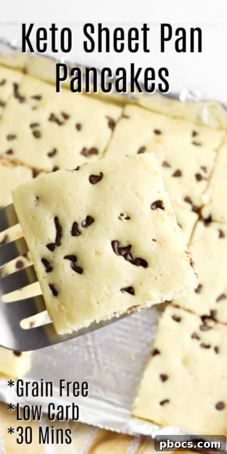 A vibrant Pinterest pin graphic showcasing Keto Sheet Pan Pancakes with fresh berries, highlighting the ease and deliciousness of the recipe.