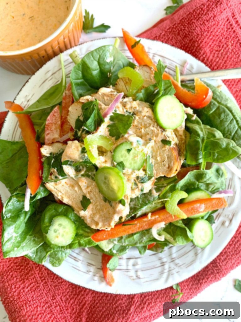 Low Carb Buffalo Chicken Salad Recipe: A beautifully arranged salad, showcasing the grilled chicken and fresh components.