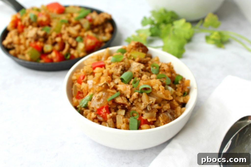 Close-up of Keto Dirty Cauliflower Rice showing texture and ingredients