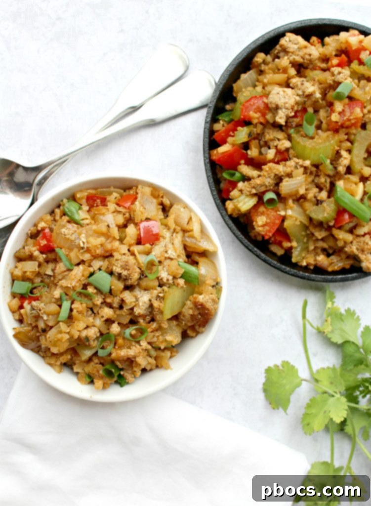 Keto Dirty Cauliflower Rice with rich, dark colors from spices and meat