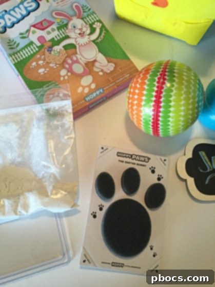 Josephs First Easter Surprise 7 A close-up of vibrant chalk paw prints on a pathway, clearly guiding the way for the Easter egg hunt