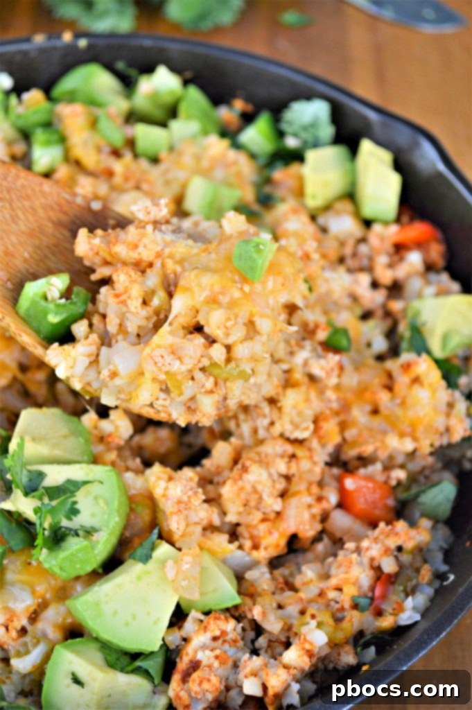 A prepared Keto Turkey Mexican Skillet, still in the pan, waiting to be portioned or served, highlighting its readiness for meal prep.