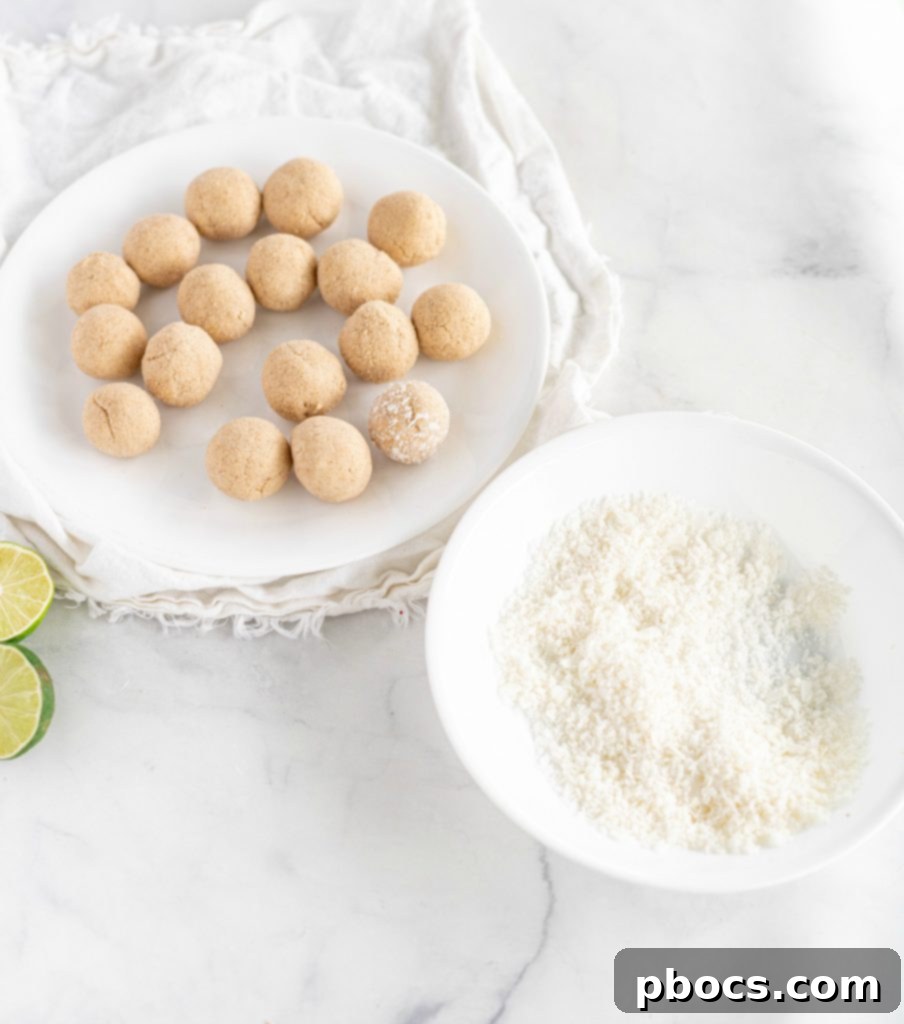 Refreshing Keto Key Lime Fat Bombs 14 Close-up view of the finished Keto Key Lime Fat Bombs, beautifully coated in shredded coconut.