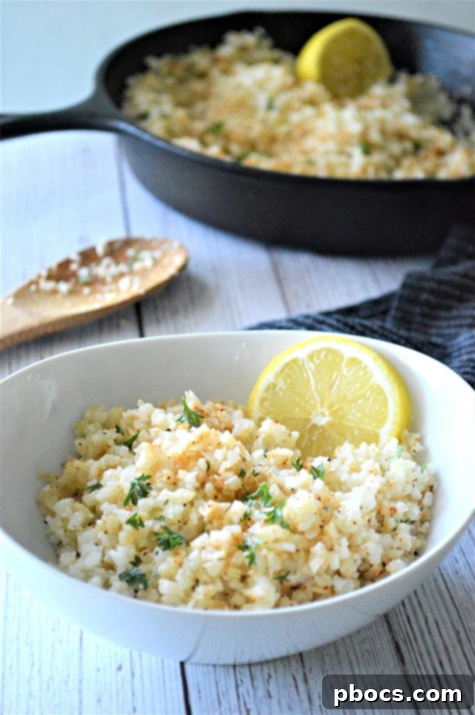 Flavorful Garlic Butter Cauliflower Rice 5 Garlic Butter Cauliflower Rice served in a bowl, ready for toppings.