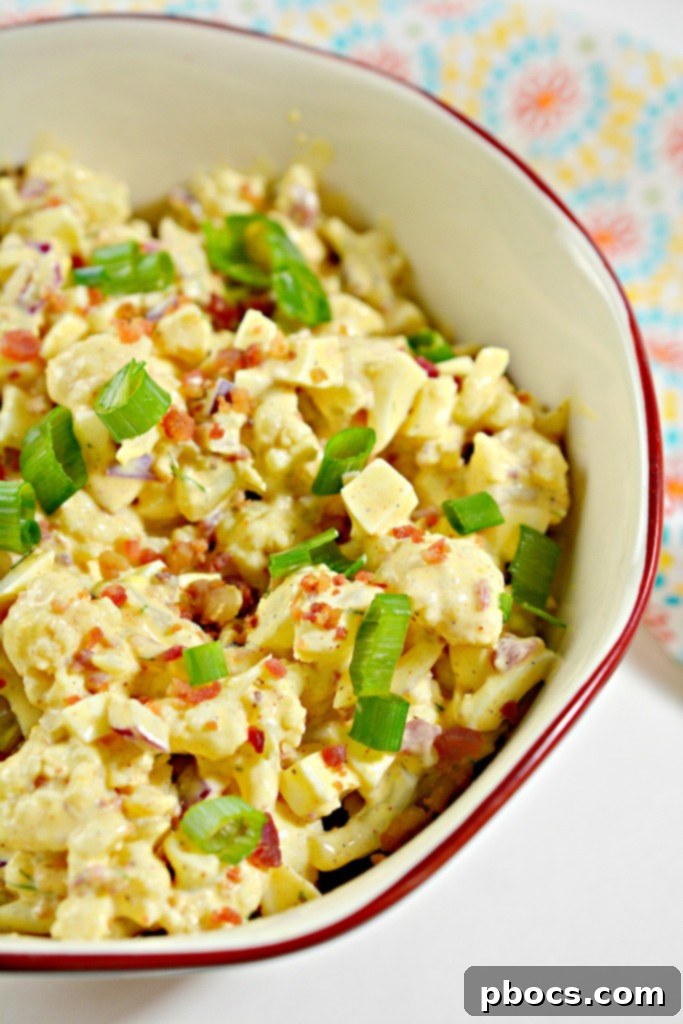 Serving Bowl of Healthy Keto Deviled Egg Cauliflower Salad