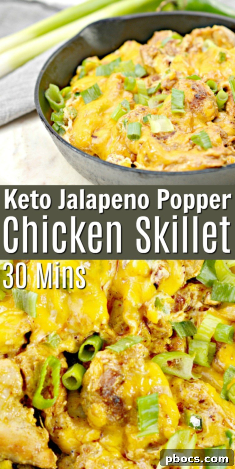 Keto Jalapeno Popper Chicken Skillet 8 Pinterest graphic for Low Carb Jalapeno Popper Chicken Skillet with text: #ketojalapenopopperchickenskillet #jalapenopopperchicken