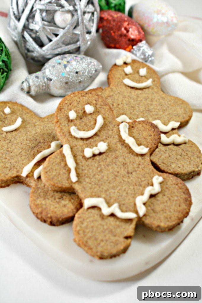 Festive Keto Gingerbread Snaps 4 Keto Gingerbread Cookies with festive white icing decoration