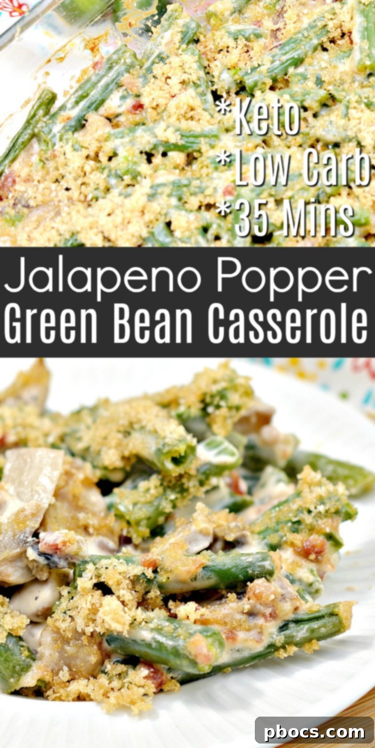 Spicy Keto Jalapeno Popper Green Bean Casserole 16 Pinterest graphic: Keto Jalapeno Popper Green Bean Casserole Recipe with hashtags #ketogreenbeancasserole #greenbeancasserole #jalapenopoppercasserole