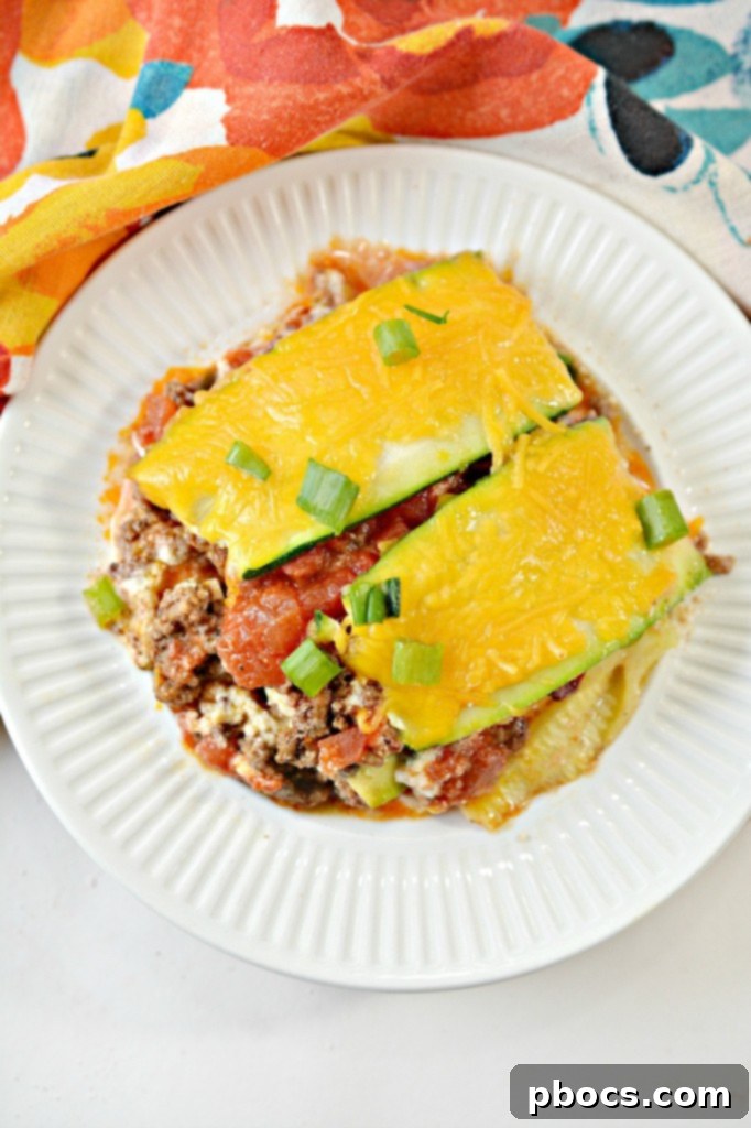Delicious Keto Zucchini Taco Lasagna baked to perfection, ready to serve.