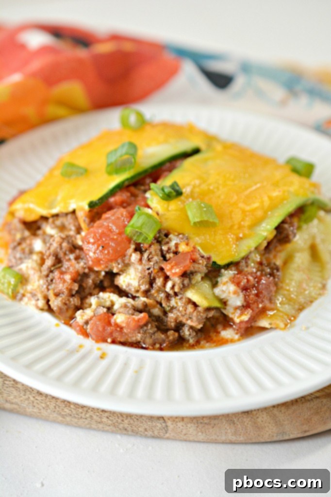 Freshly baked Keto Zucchini Taco Lasagna, ready to serve.