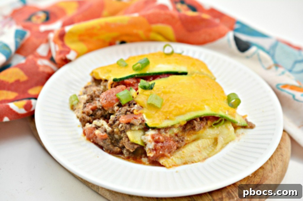 A close-up of the delectable layers within the Keto Zucchini Taco Lasagna.