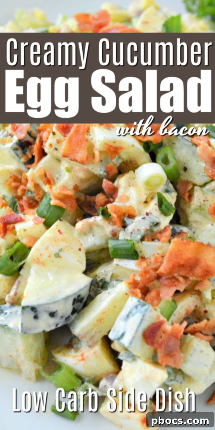 Pinterest graphic for Low Carb Cucumber Egg Salad Recipe, showing keywords.