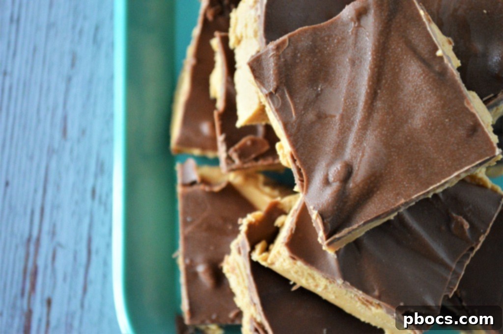 Effortless Keto Chocolate Peanut Butter Bars 3 Closeup of No Bake Keto Chocolate Peanut Butter Bars, showing the creamy peanut butter layer and rich chocolate topping.