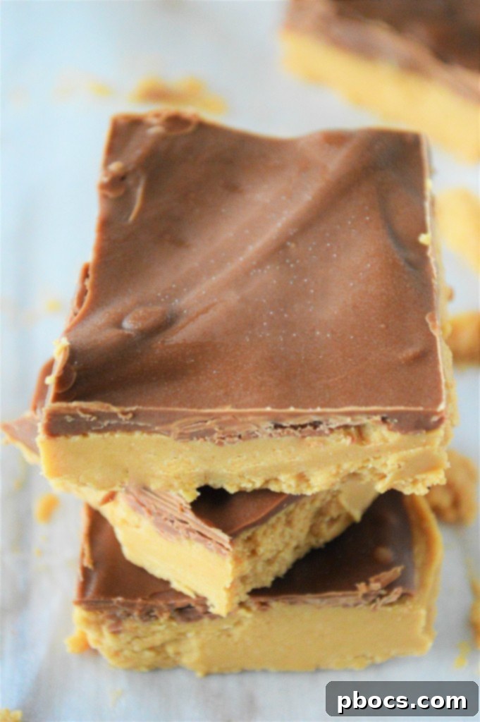 Effortless Keto Chocolate Peanut Butter Bars 4 A stack of freshly made No Bake Keto Chocolate Peanut Butter Bars, showcasing their delicious layers.