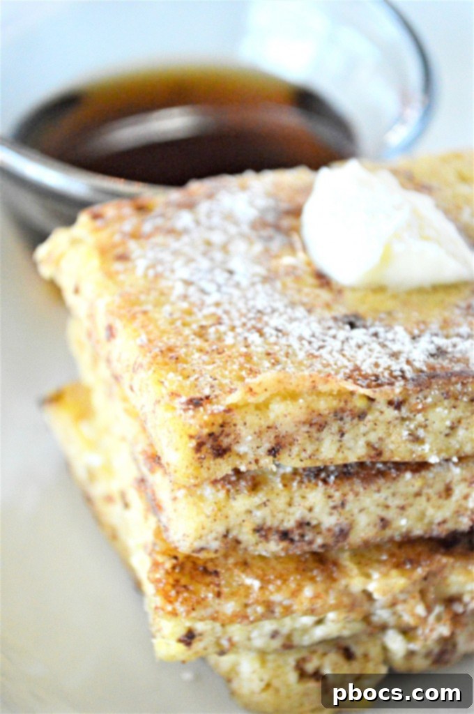Eggnog Keto French Toast drizzled with sugar-free syrup