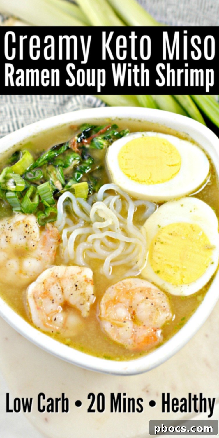 Creamy Keto Miso Ramen Soup With Shrimp - vertical pin image