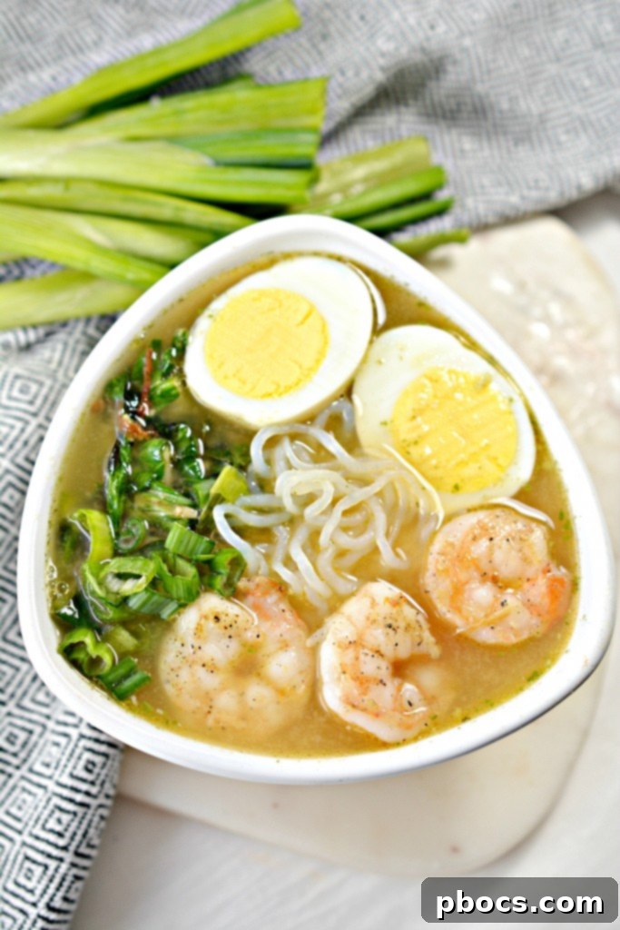 Bowl of creamy keto miso ramen with shrimp and bok choy