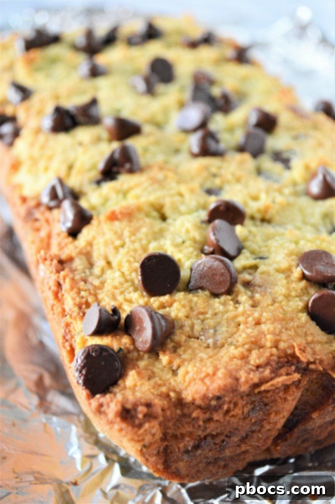 Baked Low Carb Chocolate Chip Zucchini Bread cooling in the pan