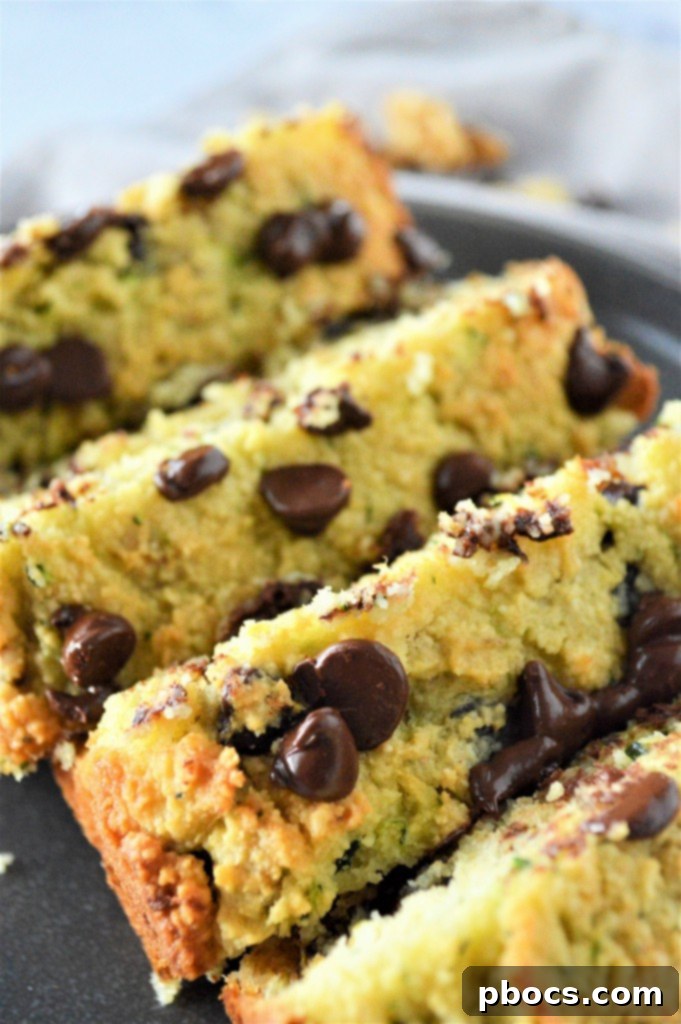 Close-up of freshly baked Low Carb Chocolate Chip Zucchini Bread with zucchini visible