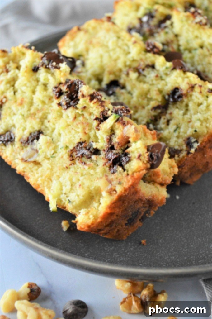 Low Carb Chocolate Chip Zucchini Bread slices on a cutting board