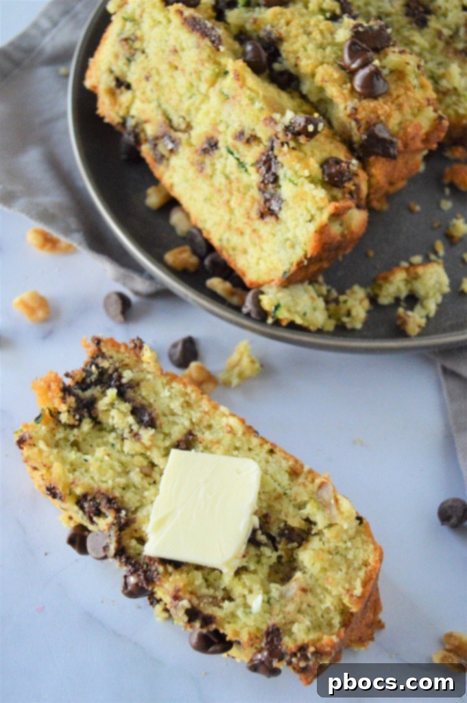 Close-up of Low Carb Chocolate Chip Zucchini Bread, showing texture and chocolate chips