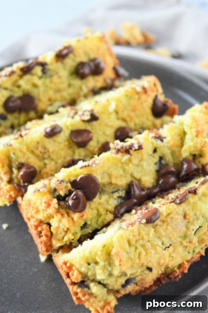 Low Carb Chocolate Chip Zucchini Bread sliced and ready to serve