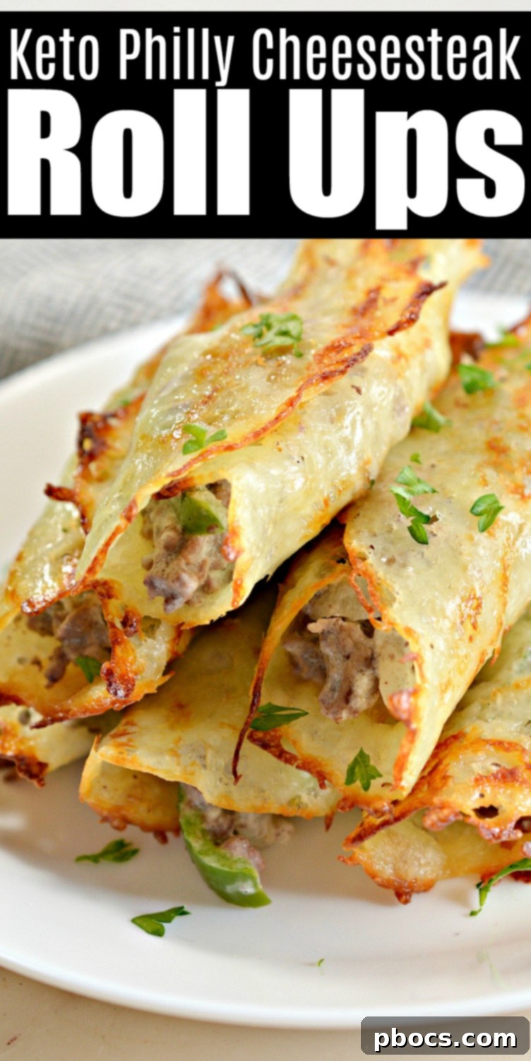 A vibrant collage of Keto Philly Cheesesteak Roll Ups with text overlay for easy social media sharing